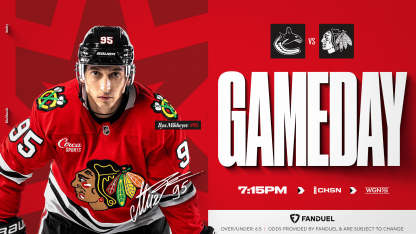 Ilya Mikheyev gameday graphic by the Chicago Blackhawks ahead of 2024-25 season matchup at the United Center in Chicago