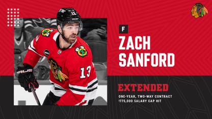 RELEASE: Blackhawks Sign Zach Sanford to One-Year, Two-Way Contract