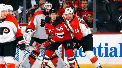 Morgan Frost of Philadelphia Flyers skates against the New Jersey