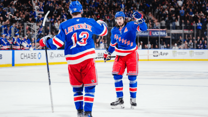 Alexis Lafreniere and the New York Rangers celebrating during a 4-0 shutout win over the Calgary Flames at Madison Square Garden March 2026