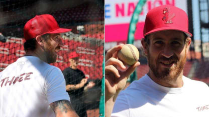 Hayes of Blues blasts home run at Busch Stadium during batting practice