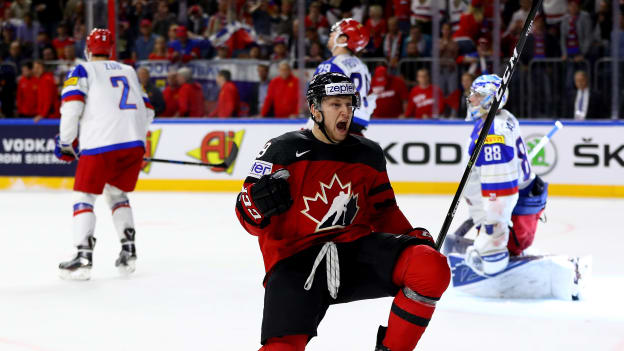 Nathan MacKinnon Canada IIHF World Championship semifinals Russia May 20, 2017 celebrate