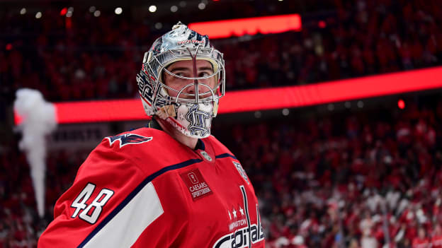 Logan Thompson skates off after Game 2 of the First Round of the Stanley Cup Playoffs between the Montreal Canadiens and Washington Capitals on April 23, 2025 at Capital One Arena in Washington, D.C.