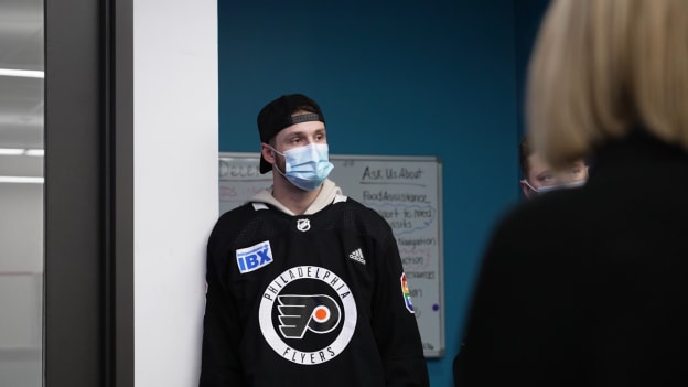 Joel Farabee on a tour of the Mazzoni Center ahead of the Flyers Pride Game