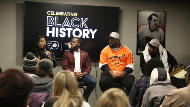 Lyric Hamilton, Jeff Scott, Brandon Graham, and Everett Jackson speak to Snider Hockey during a Black History Month panel
