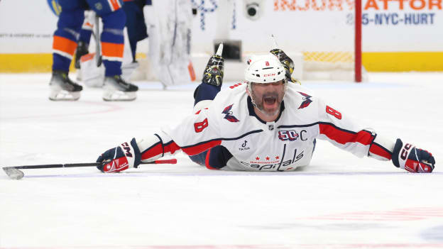 Alex Ovechkin celebrates after scoring his 895th career goal during the second period against the New York Islanders to become the NHL all-time goals leader at UBS Arena on April 06, 2025 in Elmont, New York.