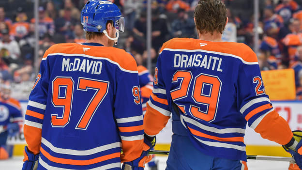 Connor McDavid #97 and Leon Draisaitl #29 of the Edmonton Oilers warm up before the game against the Chicago Blackhawks at Rogers Place on October 12, 2024, in Edmonton, Alberta, Canada