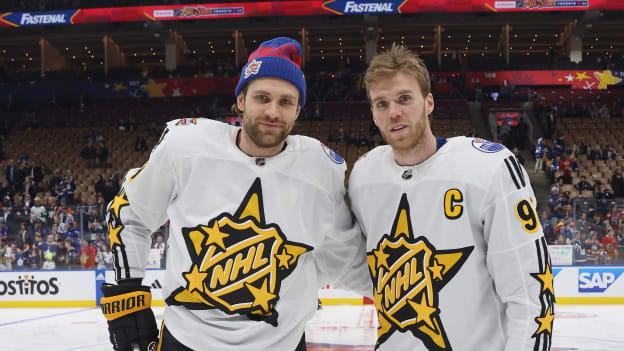 Leon Draisaitl and Connor McDavid of the Edmonton Oilers pose during the 2024 NHL All-Star Game on February 03, 2024 in Toronto, Ontario, Canada. (Photo by Bruce Bennett/Getty Images)