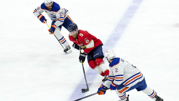 Florida Panthers center Sam Bennett (9) and Edmonton Oilers center Leon Draisaitl (29) with Edmonton Oilers defenseman Evan Bouchard (2) during the NHL Stanley Cup Finals, Game 7 between the Florida Panthers and Edmonton Oilers on June 24th, 2024 at Amerant Bank Arena in Sunrise, FL. (Photo by Andrew Bershaw/Icon Sportswire via Getty Images)