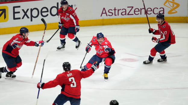 Alex Ovechkin celebrates the game winning goal in overtime against the Montreal Canadiens in Game One of the First Round of the 2025 Stanley Cup Playoffs at Capital One Arena on April 21, 2025 in Washington, D.C.