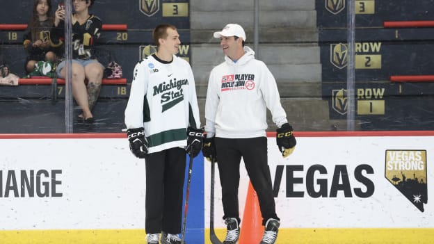 Artyom Levshunov and Al Montoya chat at the Top Prospects Youth Clinic in Las Vegas on Wednesday, June 26.