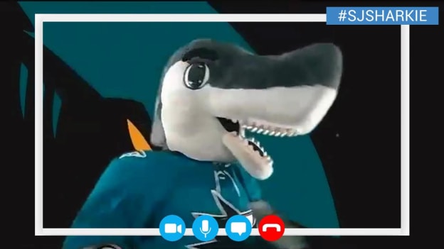 Mascot SJ Sharkie of the San Jose Sharks salutes the crowd wearing