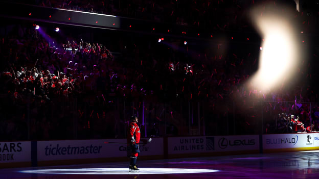Alex Ovechkin takes the ice during the player introductions prior to the game against the Montreal Canadiens in Game One of the First Round of the 2025 Stanley Cup Playoffs at Capital One Arena on April 21, 2025 in Washington, DC.