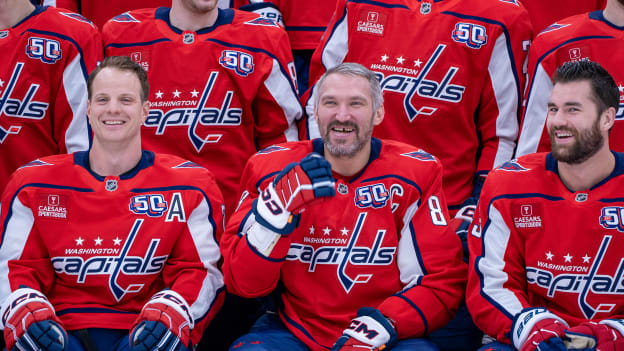 ohn Carlson, Alex Ovechkin, and Tom Wilson smile as the team gets ready for the 2025 Team Photo Day at MedStar Capitals Iceplex on March 24, 2025.