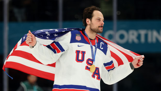 Gold medalist Auston Matthews #34 of Team United States celebrates after the Men's Gold Medal match between Canada and the United States on day 16 of the Milano Cortina 2026 Winter Olympic games at Milano Santagiulia Ice Hockey Arena on February 22, 2026 in Milan, Italy. (Photo by Gregory Shamus/Getty Images)