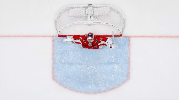 Logan Thompson raises his arms in celebration during the third period in Game 5 of the First Round of the 2025 Stanley Cup Playoffs against the Montreal Canadiens at Capital One Arena on April 30, 2025 in Washington, DC.
