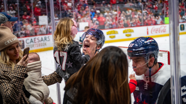 Dylan Strome says hello to his family pregame at Capital One Arena on January 7, 2024.