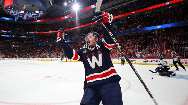 John Carlson celebrates a goal in the shootout against the Minnesota Wild at Capital One Arena on October 27, 2023.