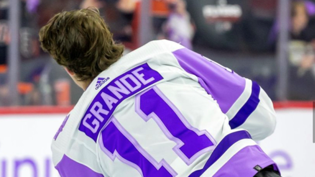 Travis Sanheim wears custom Hockey Fights Cancer jersey in support of the Grande family, who lost their son AJ to cancer