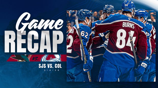 Lehkonen Scores Twice, MacKinnon Records 700th-Career Assist as Avalanche Defeats Sharks 4-2