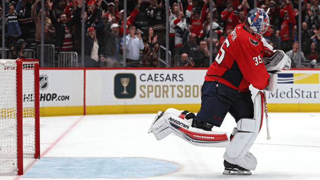 Darcy Kuemper celebrates after defeating the Calgary Flames during a shootout at Capital One Arena on October 16, 2023.