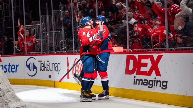 Alex Ovechkin and Max Pacioretty celebrate after Pacioretty scored his first goal after a near year-long injury recovery.