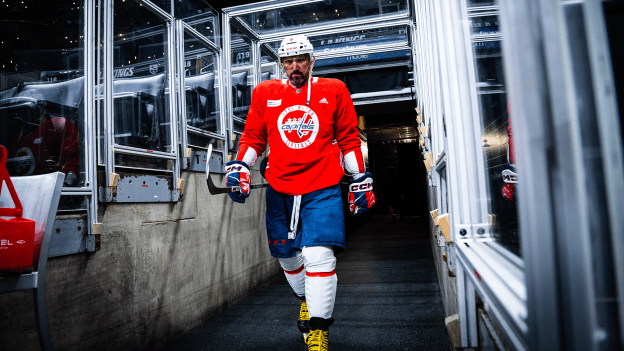 Alex Ovechkin walks onto the ice at Crypto.com Arena in Los Angeles for morning skate on November 29, 2023.