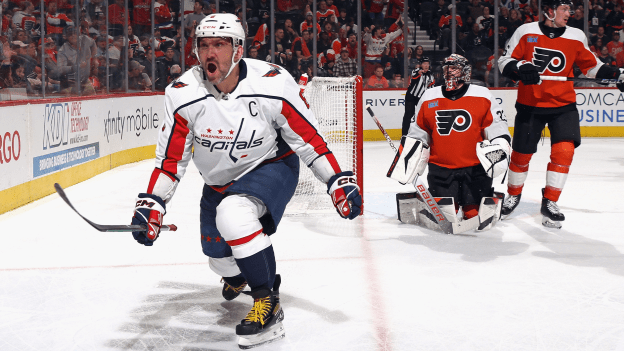 Alex Ovechkin celebrates his goal against Samuel Ersson #33 of the Philadelphia Flyers at 18:08 of the first period at the Wells Fargo Center on April 16, 2024 in Philadelphia, Pennsylvania.