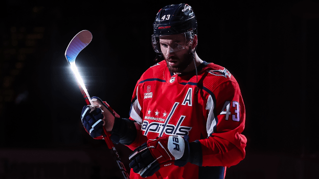 Tom Wilson takes the ice for the second period against the New York Rangers in Game Four of the First Round of the 2024 Stanley Cup Playoffs at Capital One Arena on April 28, 2024 in Washington, DC.
