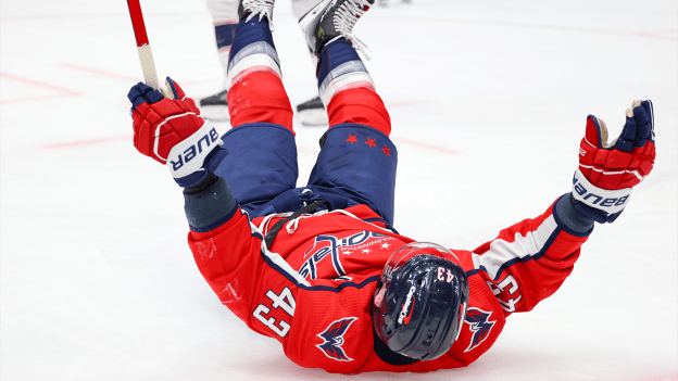 Tom Wilson celebrates a first period goal against the Columbus Blue Jackets at Capital One Arena on November 4, 2023