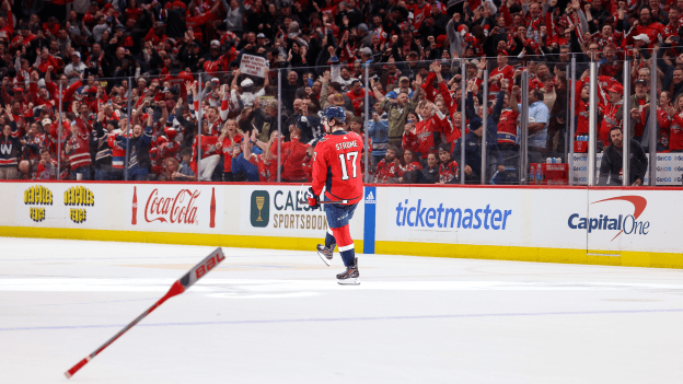 Dylan Strome celebrates the game winning goal in the shootout against the Carolina Hurricanes at Capital One Arena on March 22, 2024 in Washington, D.C.
