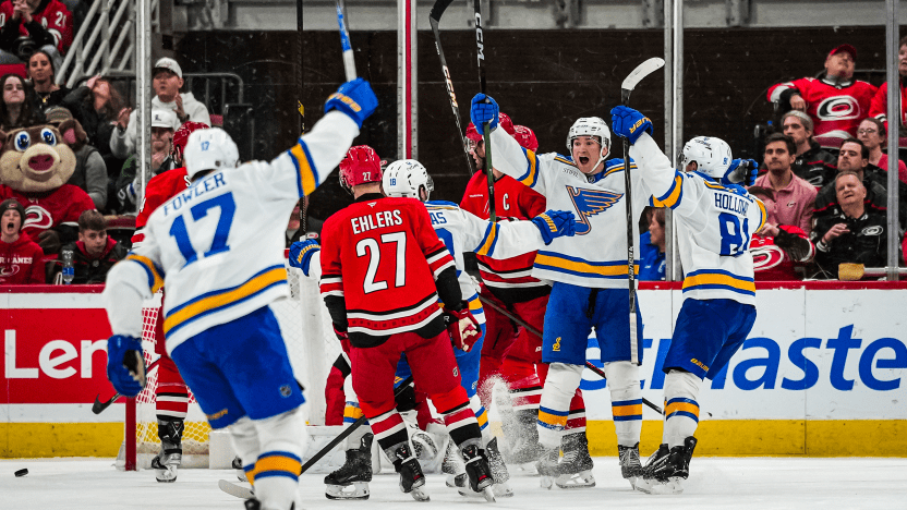 St. Louis Blues players in NHL game action at Enterprise Center during the 2025-26 regular season