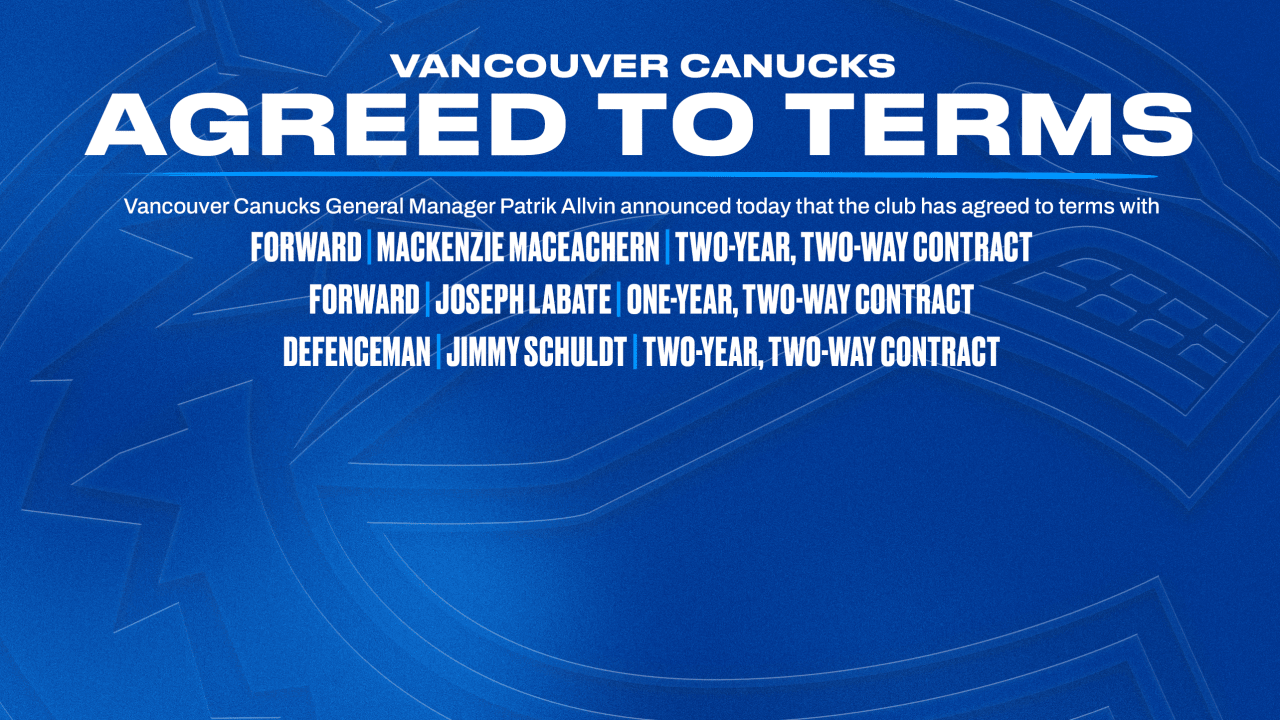 CANUCKS AGREE TO TERMS WITH MACKENZIE MACEACHERN, JOSEPH LABATE, & JIMMY SCHULDT, ON TWO-WAY CONTRACTS | Vancouver Canucks