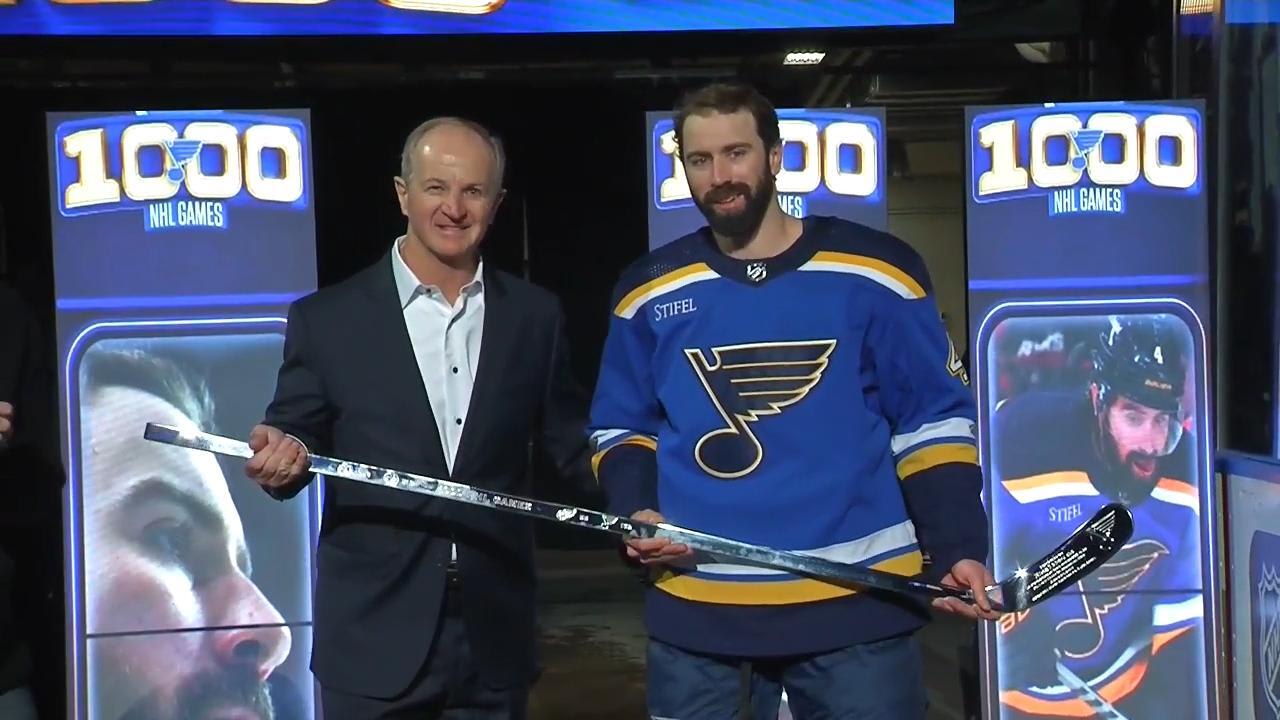 Leddy celebrates 1,000th NHL game with Blues in home state of Minnesota ...