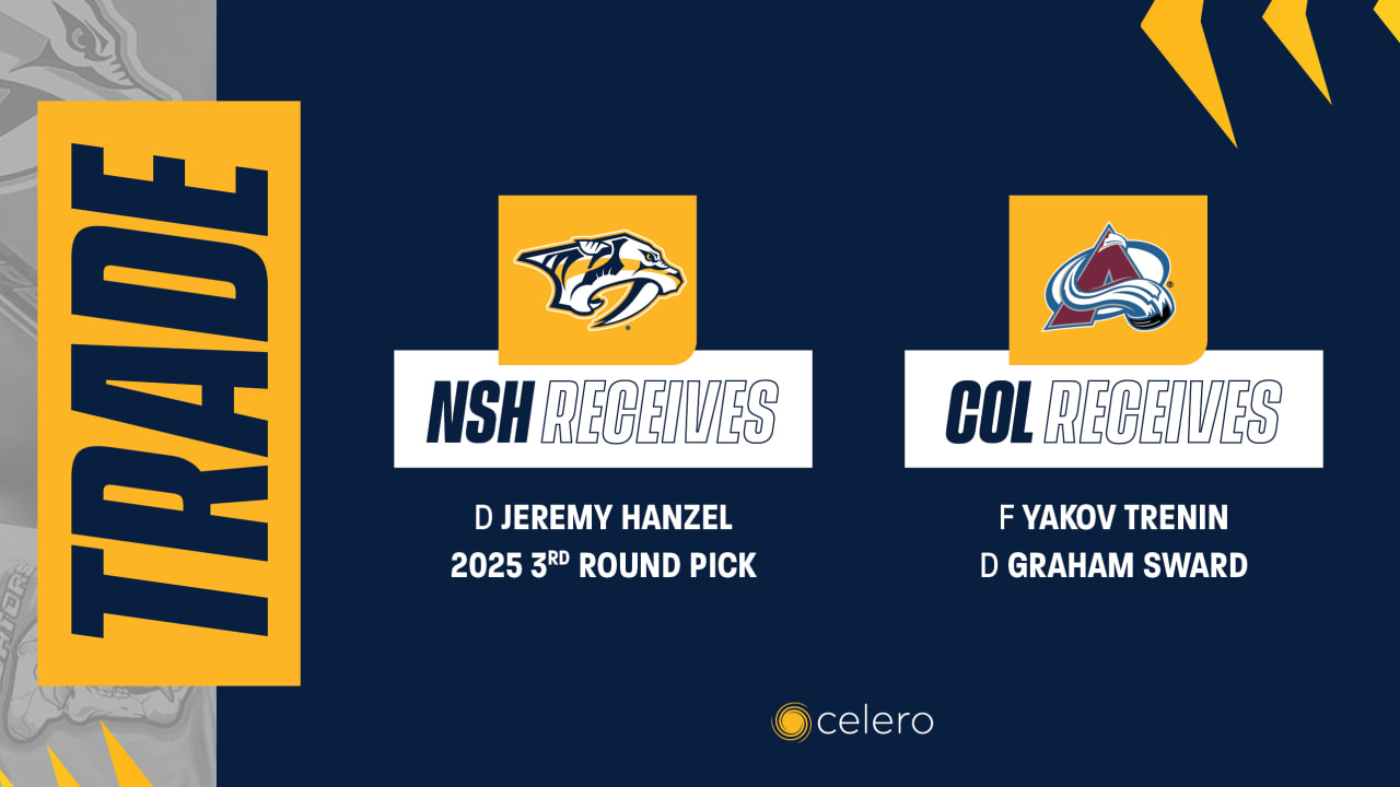 Los Predators están adquiriendo a Jeremy Hanzel, una selección de tercera ronda en el Draft de la NHL 2025 de Colorado.