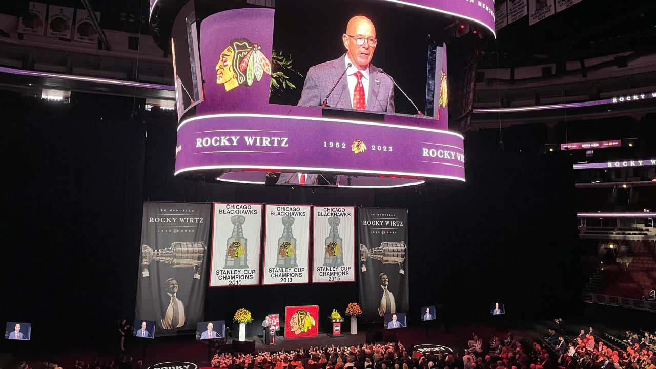 The historic Chicago Blackhawks' Stanley Cup banners hang over the