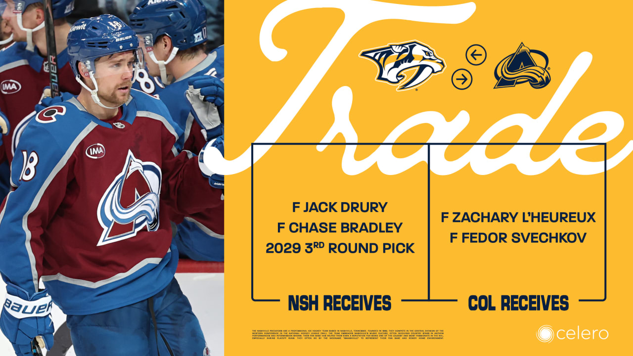 Predators Acquire Jack Drury, Chase Bradley, Third-Round Pick in 2029 NHL Draft From Colorado