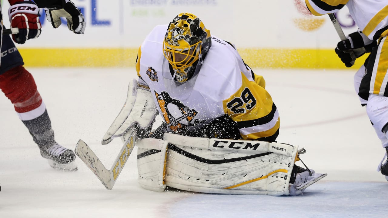Pittsburgh Penguins goalie Marc-Andre Fleury watches as