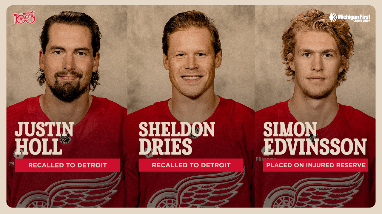 Red Wings recall Sheldon Dries and Justin Holl from Grand Rapids | Detroit Red Wings