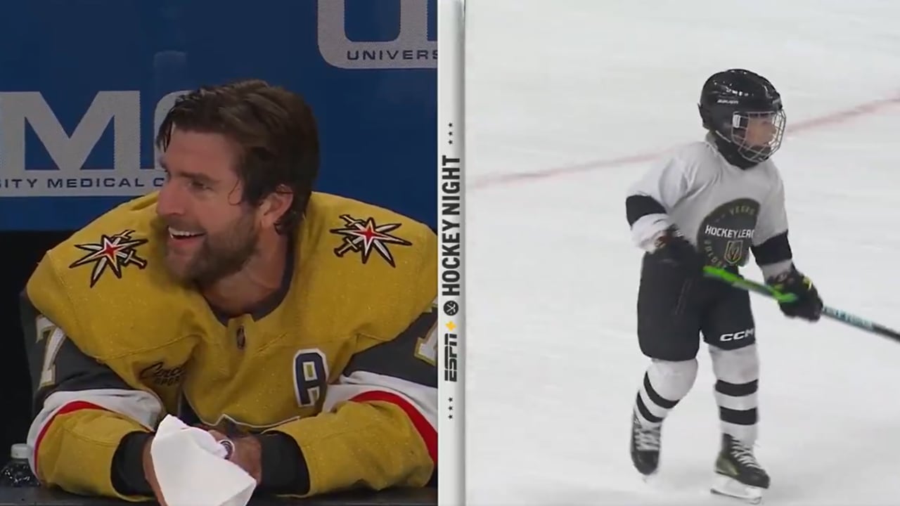 Pietrangelo watches his kids play hockey from Golden Knights bench during intermission 