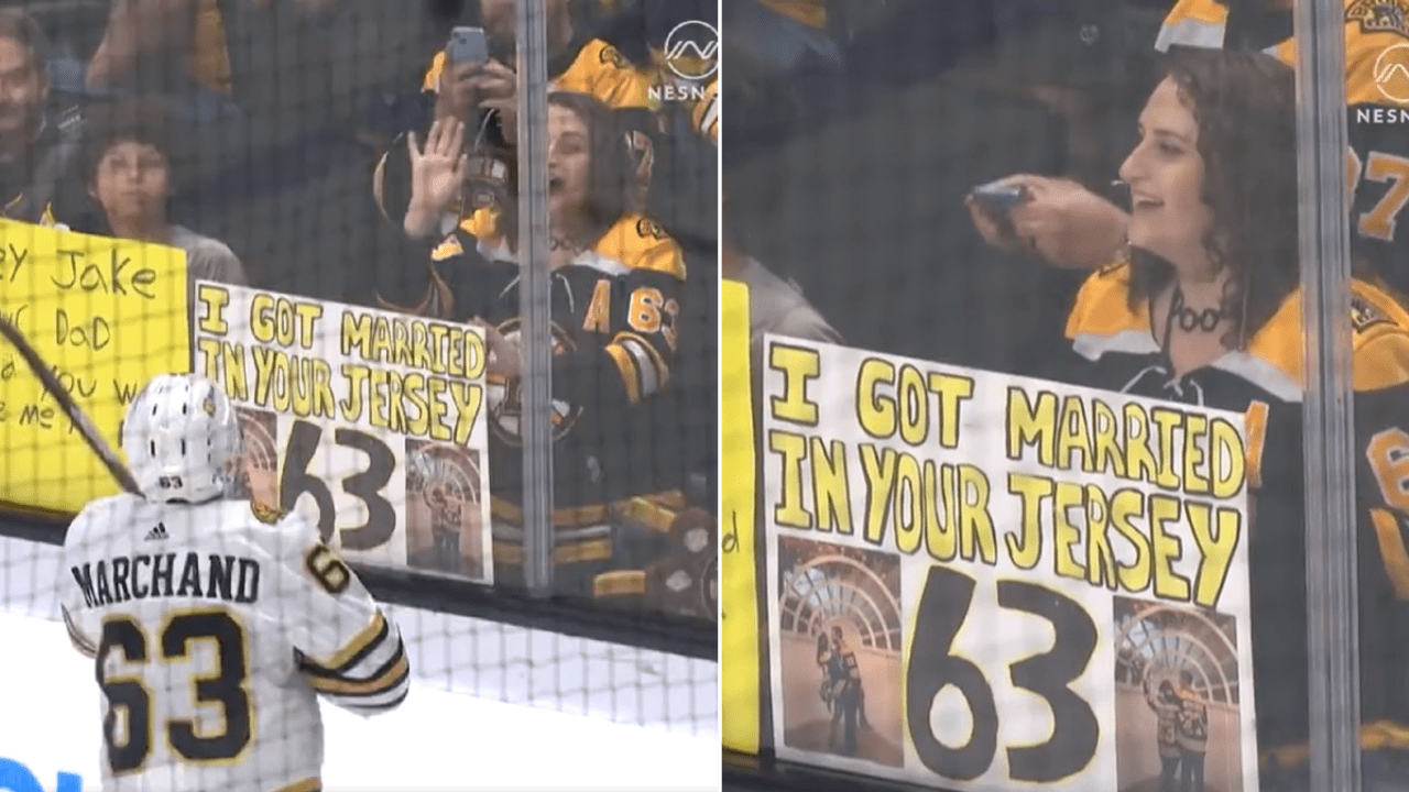 Marchand gifts puck to fan who was married in Bruins jersey