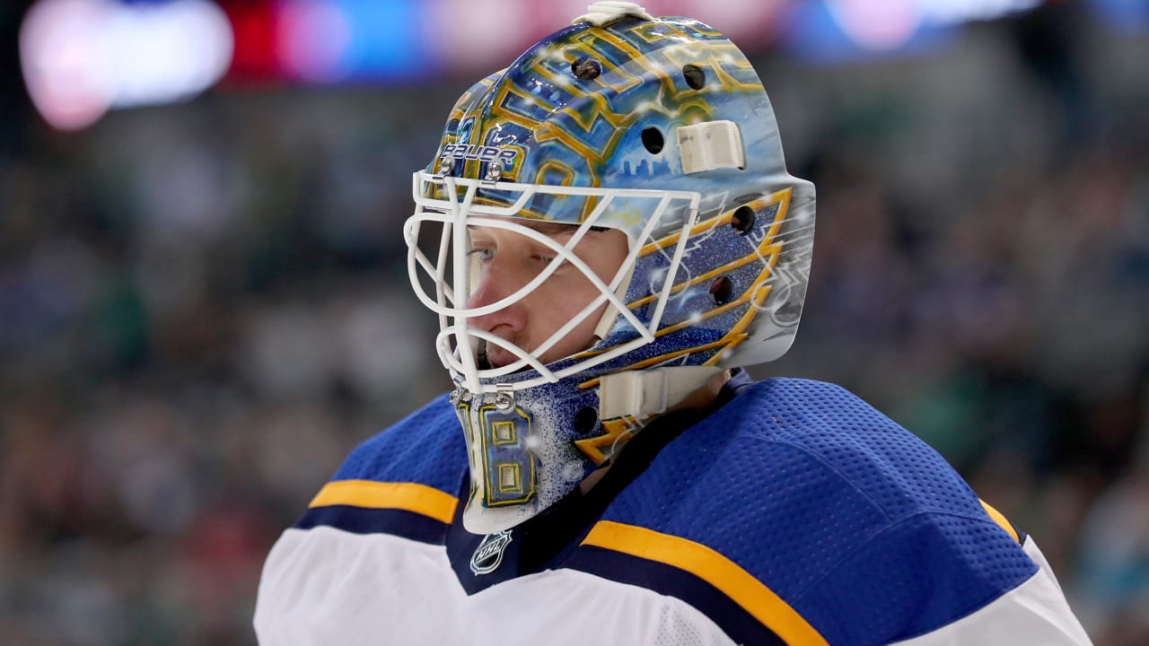 April 16, 2019: St. Louis Blues goalie Jordan Binnington (50) during the  fourth game of the first round of the NHL Stanley Cup Playoffs game between  the Winnipeg Jets and the St.