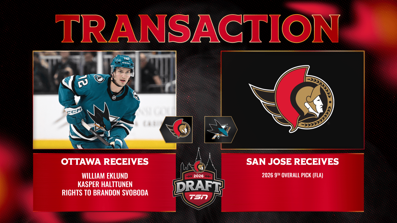 Ottawa Senators acquire William Eklund and two prospects from the San Jose Sharks in exchange for a first-round pick in 2026