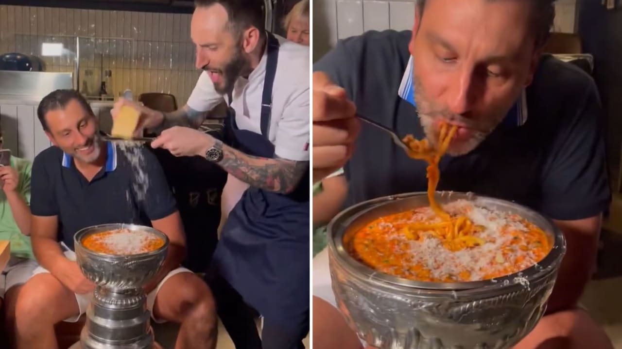 Roberto Luongo savoure des pâtes dans la Coupe Stanley