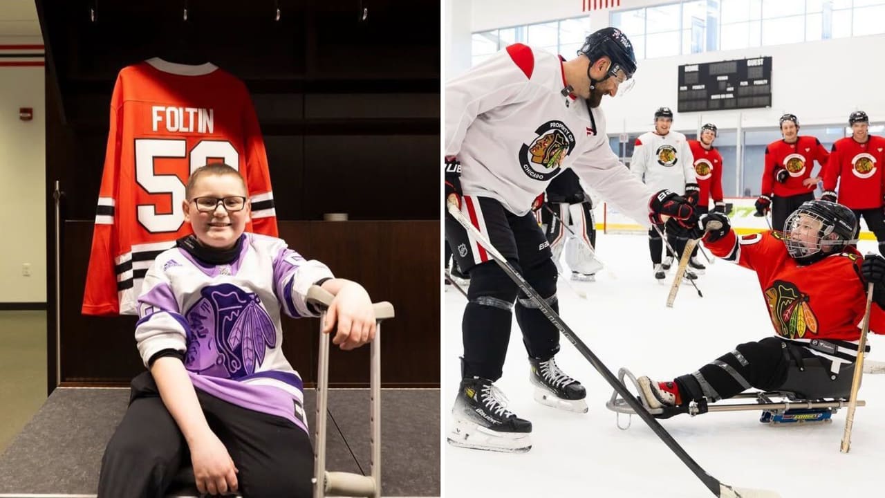 Blackhawks welcome young fan to practice before Hockey Fights Cancer Night