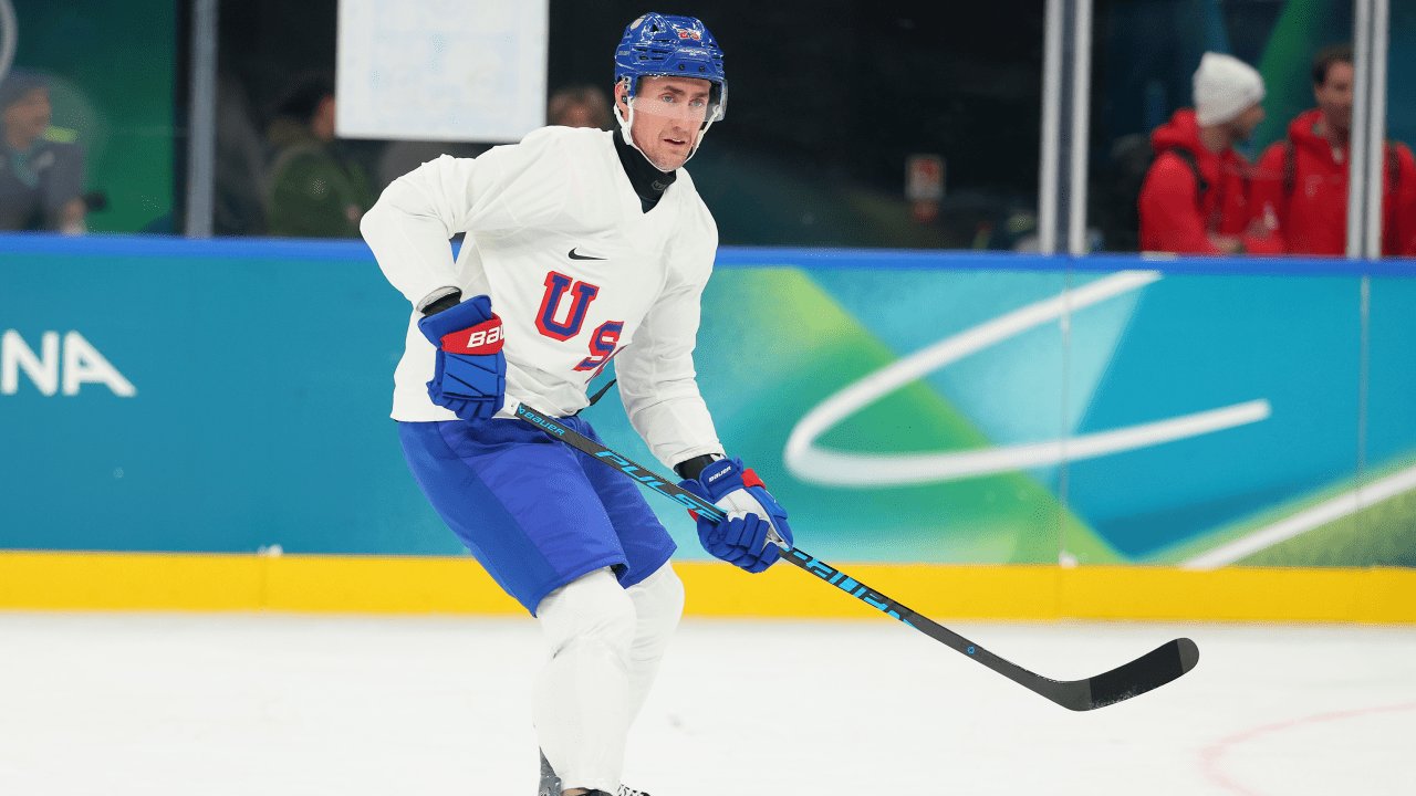 Brock Nelson in Team USA gear during a practice session ahead of the Olympic opener
