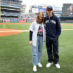 Jack Hughes Aerin Frankel throw out first pitch at Yankees game
