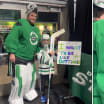 Jake Oettinger gifts fan stick at Dallas Stars practice