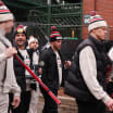 Blackhawks Winter Classic walk in outfits at Wrigley Field