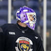 Sergei Bobrovsky shows off his Hockey Fights Cancer goalie mask